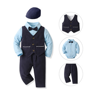 Ensemble de vêtements pour garçons, bleu clair, barboteuse à manches longues, <span class=keywords><strong>gilet</strong></span> bleu marine, pantalon + chapeau pour bébé et tout-petit, tenue printemps automne, 4 pièces - Product Image 1