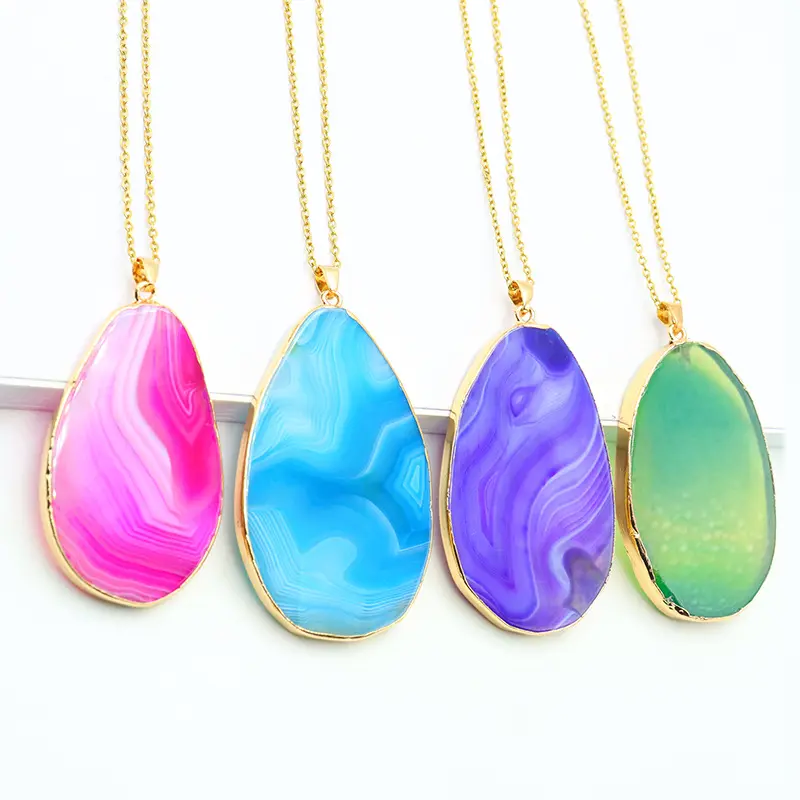 Natural Colorful Agate Piece Necklace Pendant Electroplated Irregular Rough Stone Sweater Chain DIY Pendant Jewelry