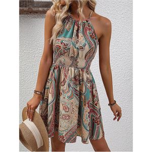 Vestido Halter con estampado de Paisley para mujer, cintura elástica, sin mangas, línea A, mini, estilo bohemio, para la playa, traje de verano para vacaciones - Product Image 5