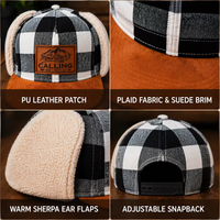 Casquette de baseball personnalisée à rabats d'oreilles à carreaux, visière en faux daim, doublure en sherpa, chapeau d'hiver style trapper avec patch en cuir