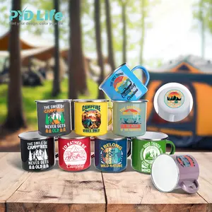 PYD Life 12oz 360ml Custom Logo Mug Reusable Rolled Rim Sublimation Tumbler Blank Enamel Camping Coffee Tea Cup Mugs With Handle