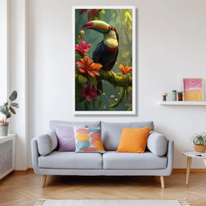 Toile murale d'art avec oiseau toucan coloré, <span class=keywords><strong>fleurs</strong></span> d'hibiscus <span class=keywords><strong>tropicales</strong></span>, décoration de la jungle exotique, nature, imprimé sur toile de faune vibrante - Product Image 4