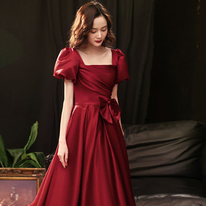 Burgundy Satin A-Line Bridesmaid Dress Scoop Neck Natural Waist Vintage Style Long Length - Product Image 1