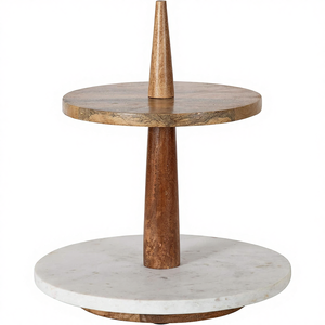 Modern 2 Katlı Yuvarlak Masif 12 X 12 X 15 Doğal Ahşap Beyaz Mermer Dekoratif Servis Sunum Standı - Product Image 1