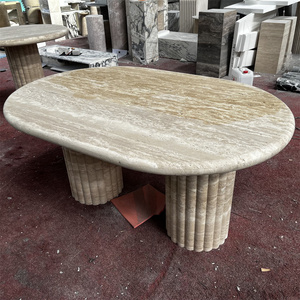 Table à manger de haute qualité en pierre solide beige travertin avec base en flûte pour la maison, le restaurant ou l'hôtel - Product Image 1