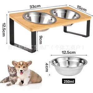 Support double pour gamelles de chat en bambou et bois pour usage domestique, support créatif pour gamelles d'animaux de compagnie en fer et bois, support en bois massif pour le cou. - Product Image 4