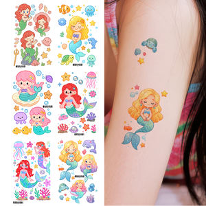 1 jeu de 6 feuilles de tatouages temporaires à paillettes colorées autocollant mignon sirène dessin animé <span class=keywords><strong>tatouage</strong></span> étanche pour visage bras jambe - Product Image 1