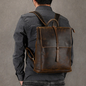 Sac à dos décontracté rétro pour homme en cuir véritable pleine fleur style européen et américain, sacoche pour ordinateur à rabat, sac d'école Crazy Horse A4 3260 - Product Image 5
