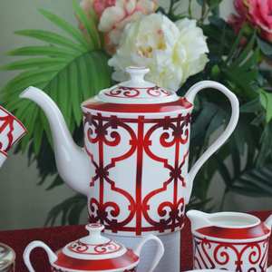 Cổ Điển Gốm Trà Đỏ Đặt 6 Ly 6 Đĩa Với Ấm Trà Sữa Jar Đường Bát Giáng Sinh Sứ Cốc Cà Phê Đặt - Product Image 5