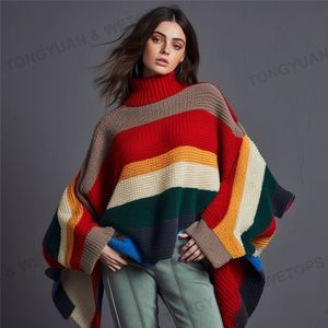 2024 <span class=keywords><strong>pull</strong></span> surdimensionné nouveau tricot personnalisé femmes mode multicolore rayé Colorblock <span class=keywords><strong>col</strong></span> <span class=keywords><strong>roulé</strong></span> Poncho <span class=keywords><strong>pull</strong></span> - Product Image 5
