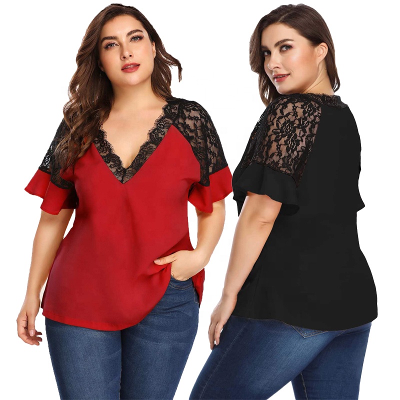 Plus Size Womens Formal Blouses Lace Flounce Sleeve Tunic Top 5XL Work Shirt Office Wear Designer Blouse