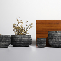 Grosir pot bunga semen dekorasi taman rumah matte hitam desain timbul modern