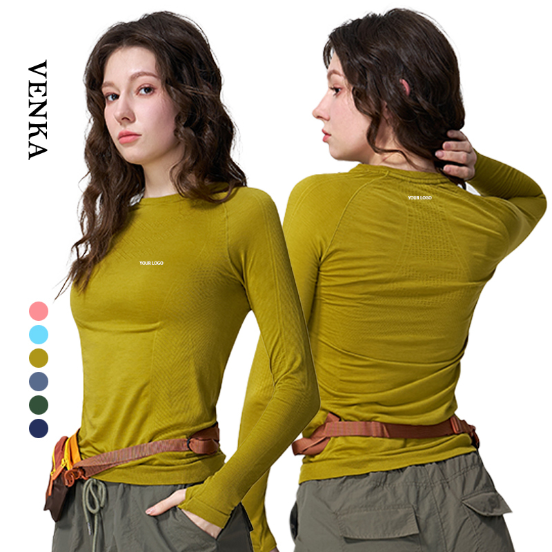 Women All-Match Breathable Sportswear Slim Fit Quick Dry Wool Fabric Moisture Wicking Sports Top Pilates Yoga Long Sleeve Shirt