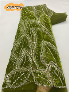 2025 Высококачественная Роскошная бархатная вышивка, свадебные блестки, бисер, кружевная ткань, причудливый узор в виде листьев, бархатная кружевная ткань - Product Image 3