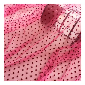 Soft Hexagonal Net Tulle Rose Red Hearts Flocked Mesh Fabric For Woman Fashion Garment