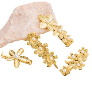 Pinzas para el cabello con forma de flor chapadas en oro con perlas para uso diario, accesorio para el cabello - Product Image 5