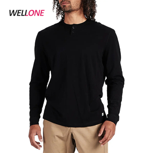 High Quality Loose Fit Button up Custom Printing Logo Pima Cotton Black Men's Shirt <strong>Henley</strong> Long Sleeve <strong>TShirt</strong> - Product Image 1
