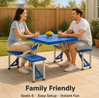Table de pique-nique pliante, ensemble de table et chaises de camping portables, table 4 places avec tabourets, structure en métal pour pique-nique en camping, bleu