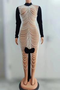 正装黑色羊绒长裙，铅笔剪裁，幻影领口，钻石装饰，高腰线，全袖，适合舞会 - Product Image 6