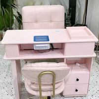 Table de manucure rose moderne avec collecteur de poussière, chaise de luxe pour client et tabouret de salon – Ensemble de mobilier de salon