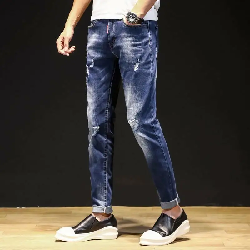 Hot販売Mens Stretchy Ripped SkinnyスキンフィットJeans Destroyed Slim Fit Denim Pants