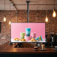 Affichage numérique intelligent premium de 65 pouces, connecté en Wi-Fi, pour café, moniteur publicitaire suspendu au plafond, sans frais mensuels
