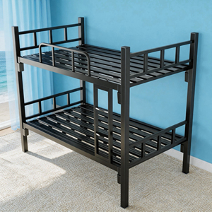 Lit superposé noir pleine taille pour dortoir moderne, structure en fer, assemblage sans vis, échelle en bois, base en treillis métallique antidérapante, sans lattes - Product Image 1