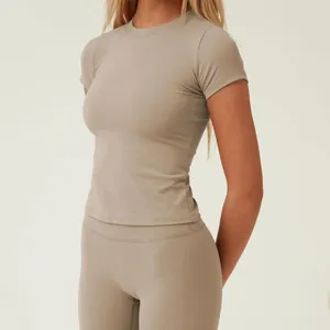 Women's Gym Wear Solid Basic Tee Stretchy Bodycon Crewneck Tight Tshirt Nylon Woman Fitted Top