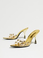 Sandales à talons hauts pour femmes, en or, à bout ouvert, à enfiler, en PU, avec détails de rivets transparents, sexy, pour les soirées d'été
