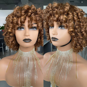 2023 en gros 12a Grade Funmi SDD Super Double Pixie Cut perruques courtes avec frange cheveux humains brésilien <span class=keywords><strong>Rose</strong></span> bouclée perruques à franges - Product Image 4