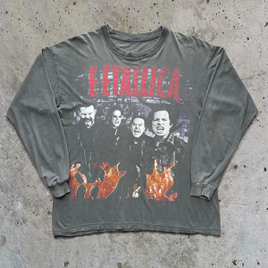 Người đàn ông sunfaded đau khổ Retro cotton T-Shirt vuông-cắt lụa Màn hình in đồ họa dài tay áo axit-rửa quá khổ dạo phố - Product Image 1