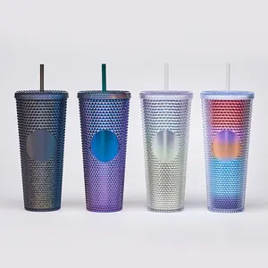 Black Matte Plastic 710ml Reusable Bpa Free Double Layer Coffee Tumbler Plastic Durian Cup Bottle With Lid Straw