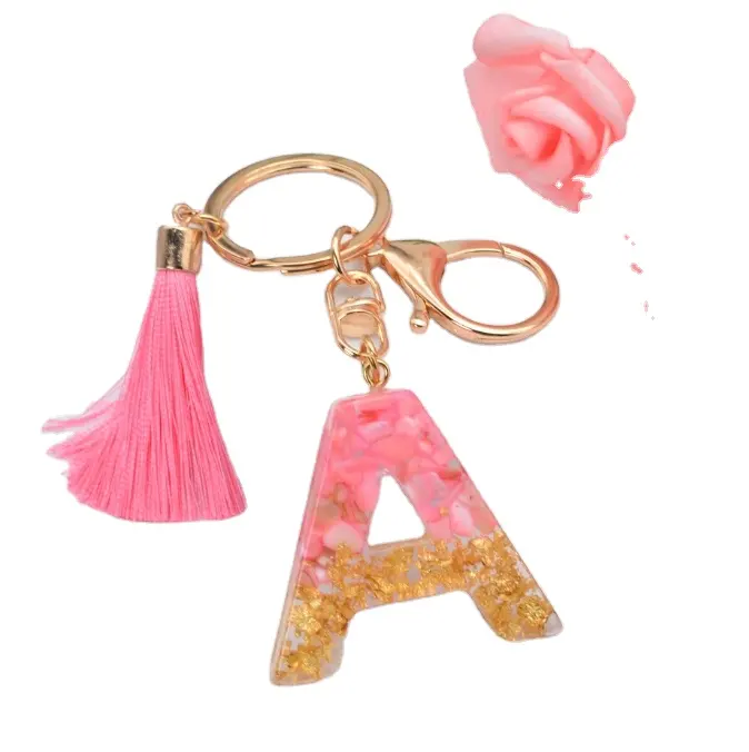रेज़िन गुलाबी फ्रिंज कुंजी श्रृंखला 26 अंग्रेजी क्रिस्टल ड्रॉप गोंद पत्र रेज़िन पेंडेंट कुंजी श्रृंखला फ्रिंज फैशन बैग उपहार