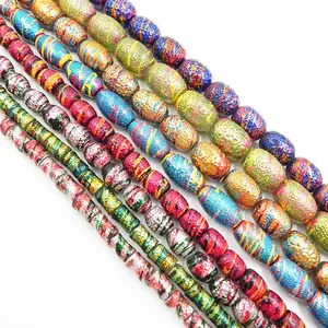 Multi Colored Drum Shaped Electroplated Glass Beads With Color Lines Loose Decoration Jewelry Accessory For Woman