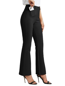 Pantalones Elegantes de Cintura Alta para Mujer, Color Negro Sólido, Satinados, Cierre de Cremallera, Corte Regular, para Otoño, con Bolsillos - Product Image 1