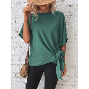 Nouveau T-shirt ample pour femme à manches chauve-souris et ourlet noué, couleur unie, tendance été - Product Image 1