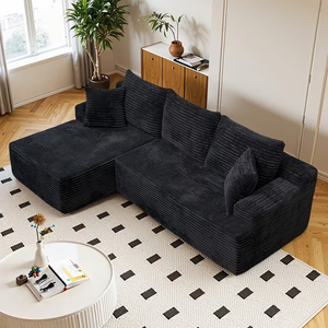 Black Striped Corduroy Vacuum Compressed L-Shaped Modular Sectional <b>Sofa</b> Couch With Chaise For Living Room - Product Image 1