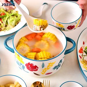 Set di Stoviglie in Ceramica <span class=keywords><strong>Morna</strong></span> Rose con Bordo Blu, Design Creativo e alla Moda, Include Ciotole, Piatti, Cucchiai e Pentole - Product Image 3