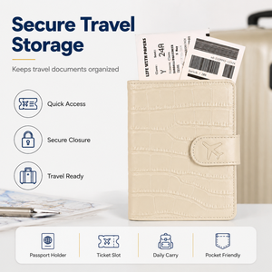 Porta Pasaportes con Diseño de Cocodrilo en Crema, Funda de Viaje de Cuero PU para Boletos, Organizador de Documentos con Bloqueo RFID y Cierre Magnético - Product Image 3