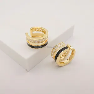 Nouvelle arrivée carré Zircon boucle d'oreille manchette véritable or 14kt émail noir boucles d'oreilles bijoux fins unisexe