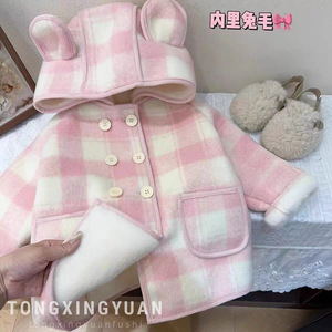 Child Star Circle Girls Plaid Wool Coat Thickening With Hood And Rabbit Ears For Autumn Winter Wear - Product Image 1