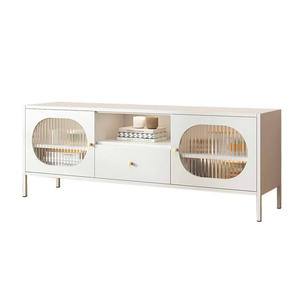 Meuble TV moderne style crème, luxe minimaliste, portes en verre cannelé, meuble TV avec rangement, console multimédia pour salon - Product Image 4