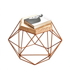 Modern Geometric Side <b>Table</b> With Wood Top Copper Metal Frame <b>Minimalist</b> Living Room Furniture Console <b>Table</b> - Product Image 1