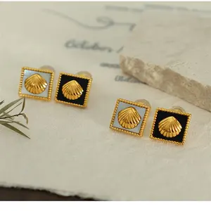 Factory Direct Sale High Quality Custom Wholesale Fashion Hollow Block Cameo Shell 18k Gold Titanium Steel Earrings