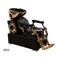 Fauteuil de lavage de luxe noir et or avec design inclinable, station de lavage de cheveux en cuir capitonné avec bac plaqué or