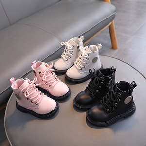 Bottes d'automne et d'hiver pour enfants, style britannique, semelles souples, bottes en cuir anti-dérapantes, lacets, bottes courtes imperméables - Product Image 1