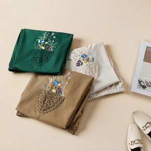 Cotton Linen Harem Pants Women's Casual Loose Fit Embroidered Lace Trim High Waist Breathable Khaki Green Raw Linen - Product Image 3