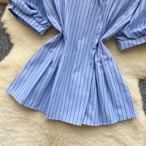 2026 Sommer Neue Damenmode Süßer Stil Plissiertes Gestreiftes Kurzarm-Hemd - Product Image 6
