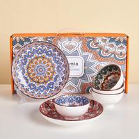 Ensemble de vaisselle en céramique colorée imprimée par tampographie, assiettes en porcelaine, style bohème pour la maison et les cadeaux