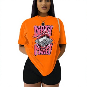 Camiseta Naranja para Mujer, Estampado Dirty Money, Ecológica, Ligera, Cuello Redondo, Corte Ajustado, Estilo Urbano, Manga Corta - Product Image 1